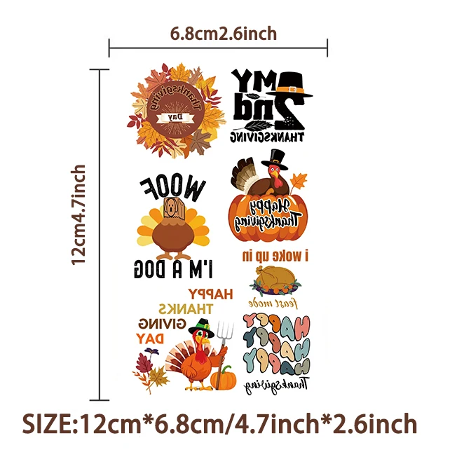 추수감사절 문신 메이크업 만화 터키 호박 임시 스티커, 파티용 일회용 바디 타투에이지 임시 스티커, 세트당 10 개