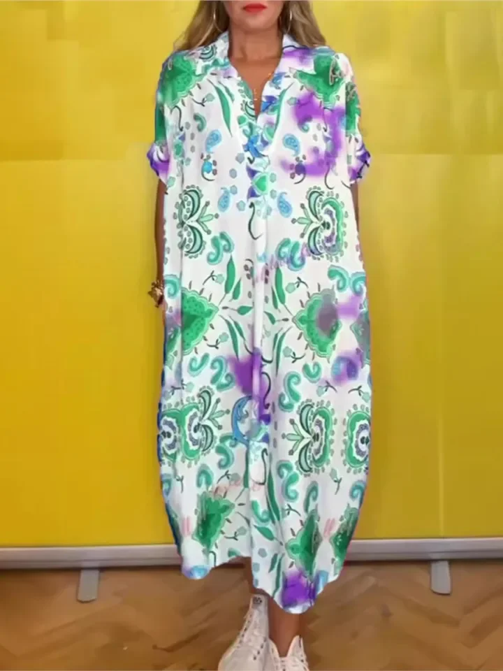 Abito da donna con stampa alla moda Abiti casual con scollo a V a maniche corte Abiti larghi per le donne Boho Holiday Beach Gonne Abbigliamento da donna Estate