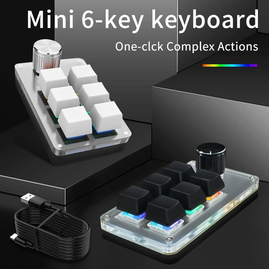 Teclado Gamer RGB com Fio, 6 Teclas, 1 Botão Rotativo, Programação de Macro, Switch Personalizável, Teclado Portátil Hot Swap para PS, Teclado Mecânic