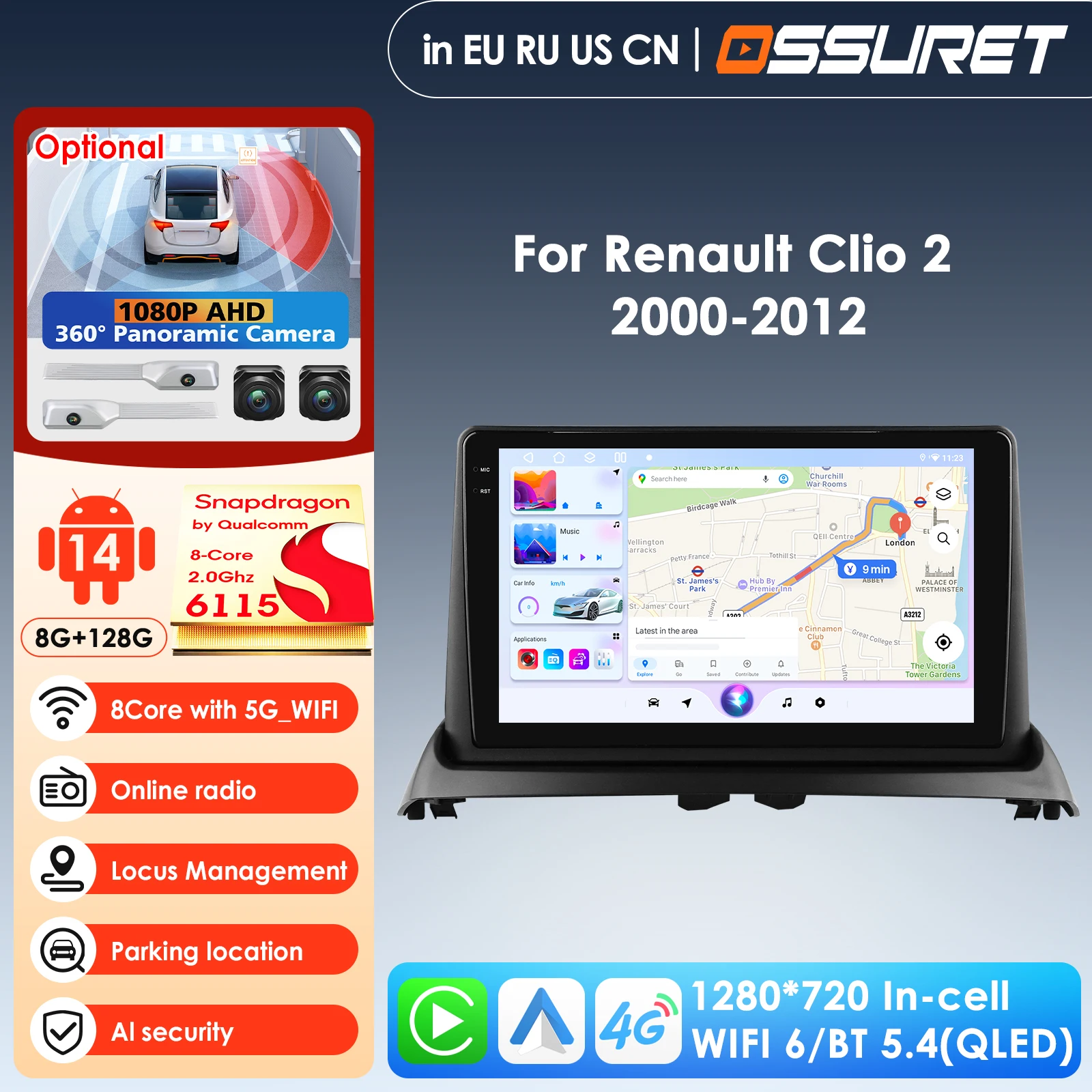 9 Inch Car Intelligent Systems for Renault Clio 2 2000-2012 Car Multimedia Player Stereo Radio CarPlay 4G Head Unit WIFI FM RDS