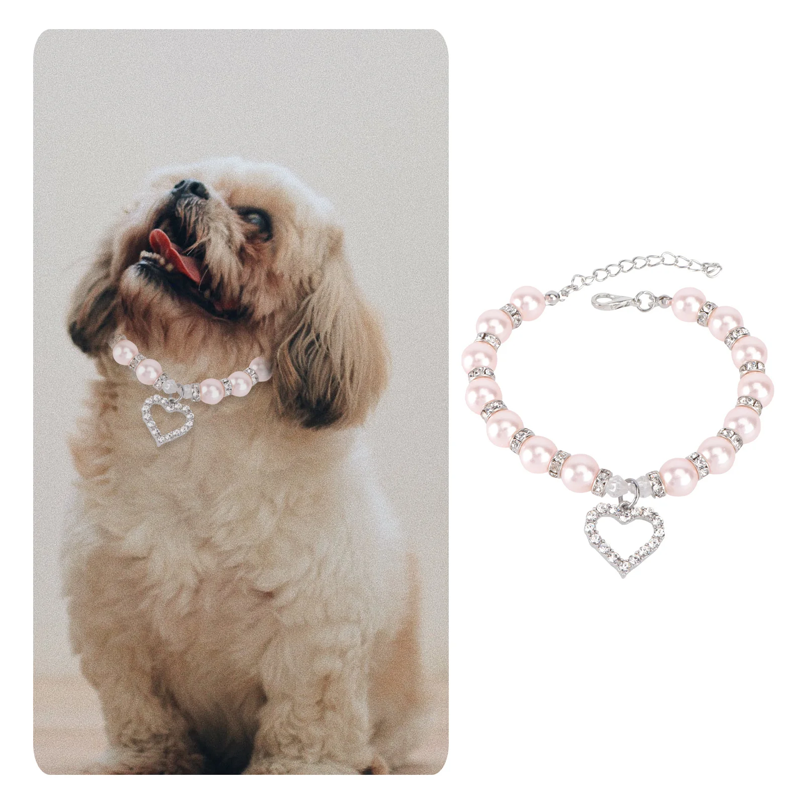 

Pet Necklace Pearl Rhinestone Crystal Heart Adjustable Jewelry Clasp Pet Cat Dog Necklace Size S Pink Bling Collar for Photo