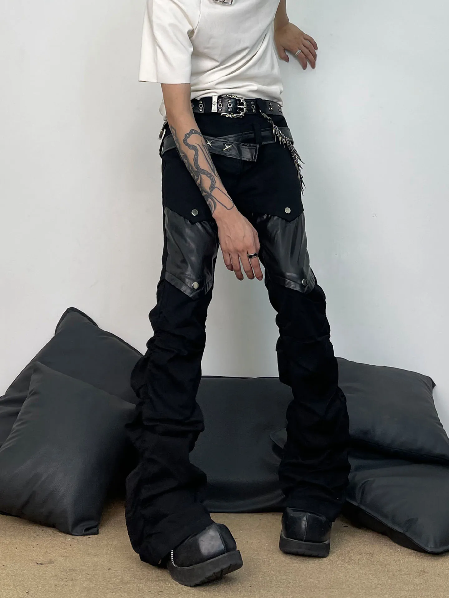 Women's Y2k Baggy Flare Jeans Harajuku Japanese 2000s Style Patchwork Denim Trouser Vintage Oversize Cargo Jeans Pants Clothes