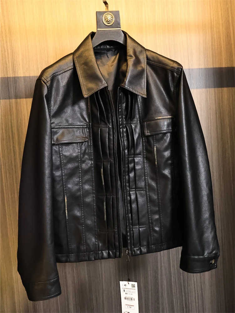 Washed Premium Leather Jacket for Men Stylish Collared Outerwear Pure Color Autumn Winter Fashionable Streetwear Youth