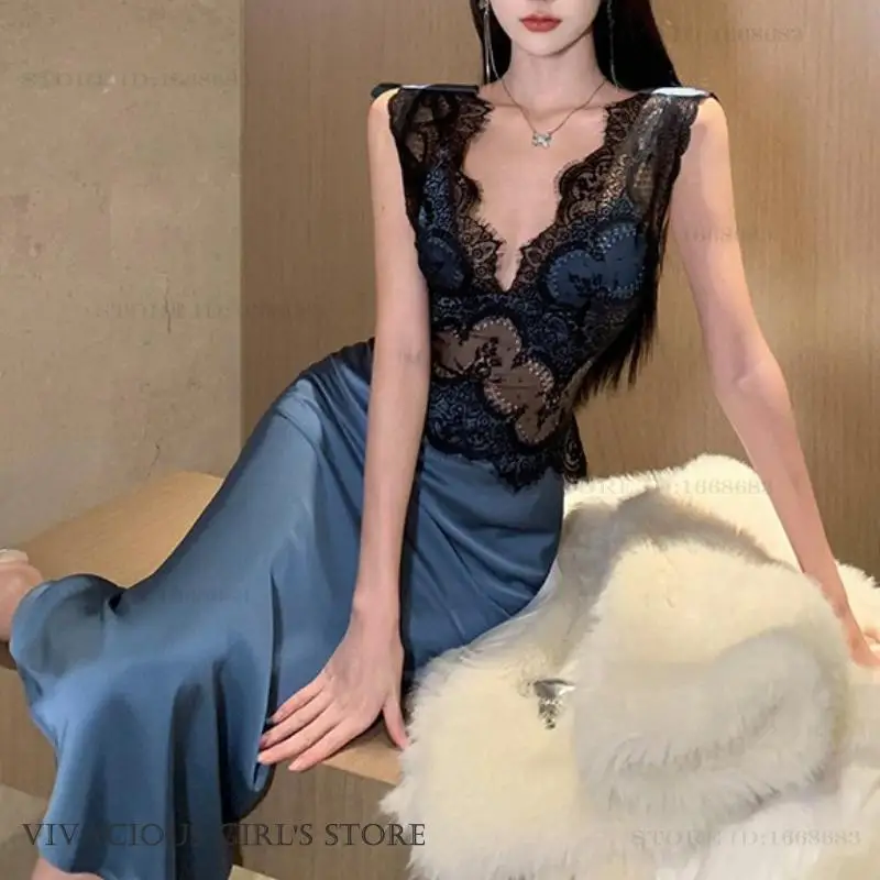 

Female Long Nightgown Sleepwear Sexy Deep V-Neck Lace Nightdress Gown Silky Satin Slim Fish Tail Evening Party Gown Home Dress