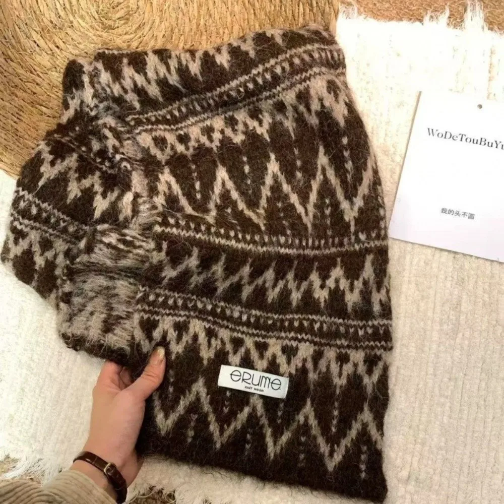 Polyester Thick Knitted Scarf Fair Isle Pattern Cold Proof Diamond Pattern Scarf Long Length Fall Winter Scarf Photography Use