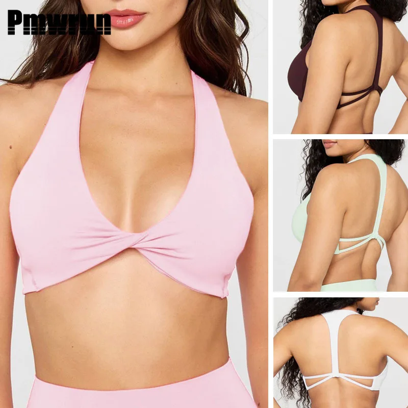 

PMWRUN Женский комплект для йоги с лямкой на шее, передний бюстгальтер с перекрестной спинкой, шорты с высокой талией, разноцветные, мягкие, эластичные, для тренировок в тренажерном зале, йоге