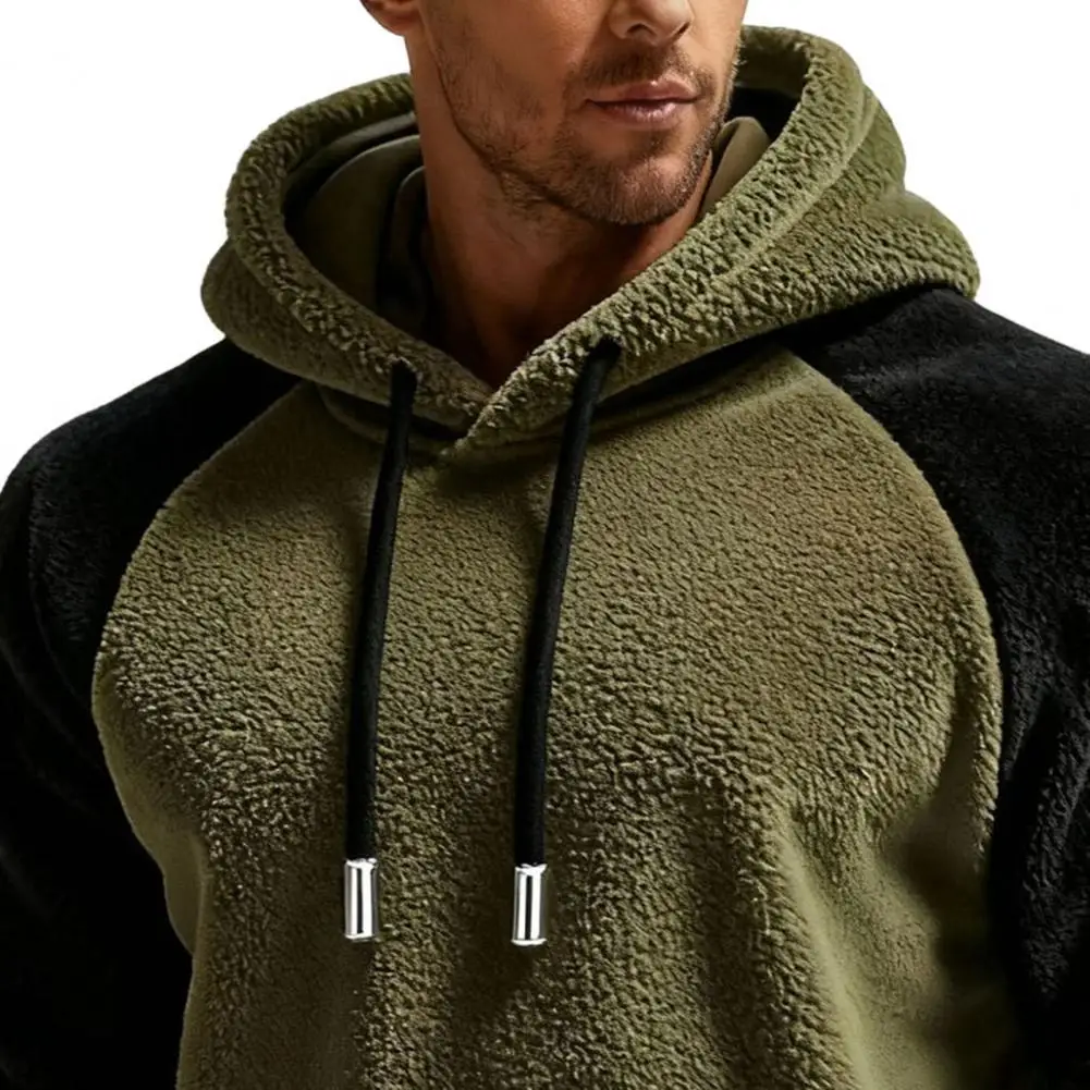 Autumn Winter Warm Casual Hooded Men's Long Sleeve Sweatshirt Pocket Loose Splicing Color Plush Sweatshirt Fleece Hoodies Tops