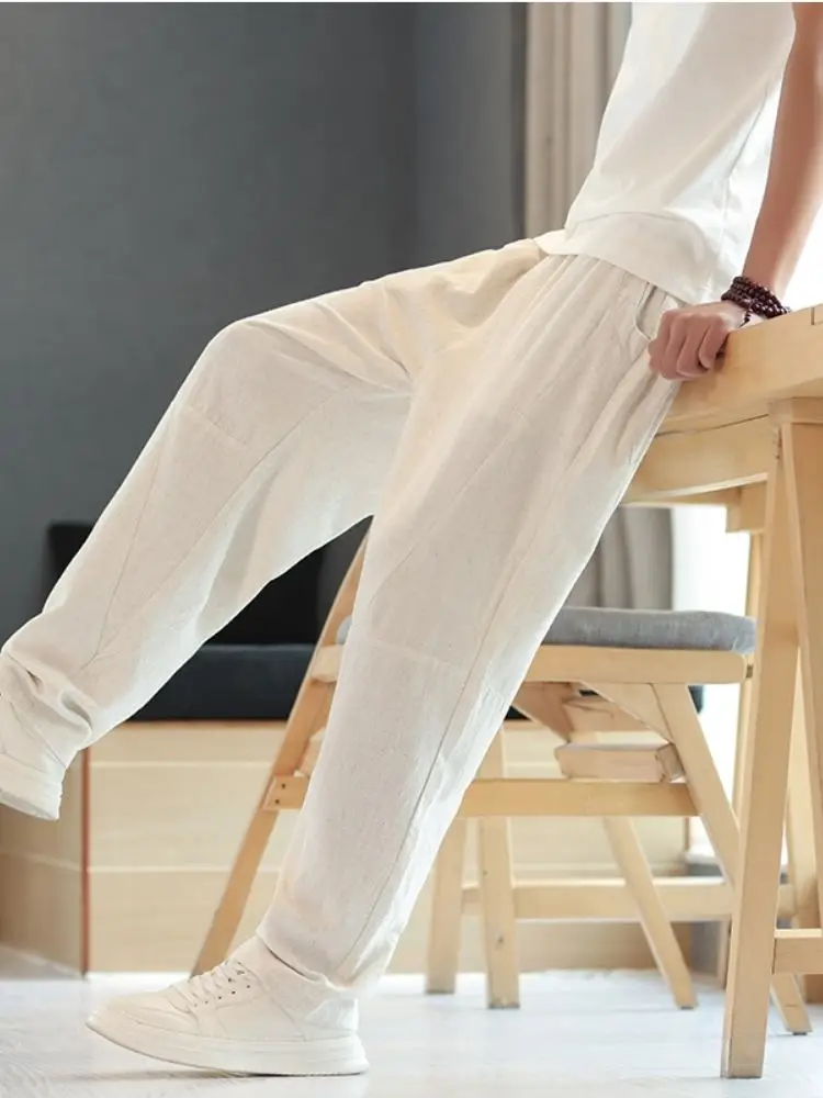 

Мужские летние тонкие свободные брюки прямого кроя из хлопка и льна, дышащие, легкие, классические, в китайском стиле