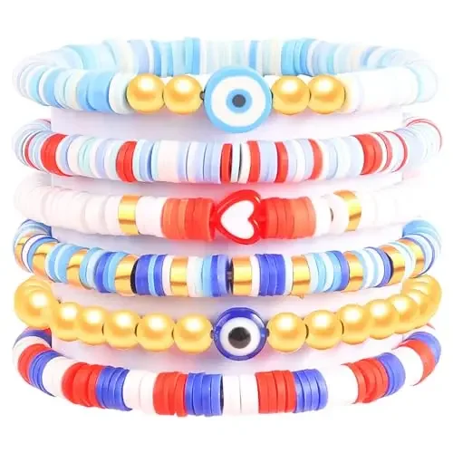 6PCS Clay Bead Bracelets for Teens Girls Preppy Cute Bracelets  Set Colorful Evil Eye Polymer Pearl Beaded Stretch Bracelets