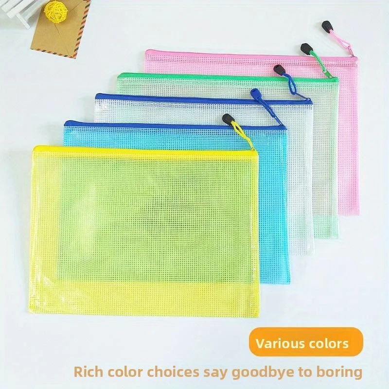 9pcs Colorful Macaron File Bags - A4 Mesh Zipper Pouches for Office & School Use, Foldable & Mark-Free, Durable PVC Material