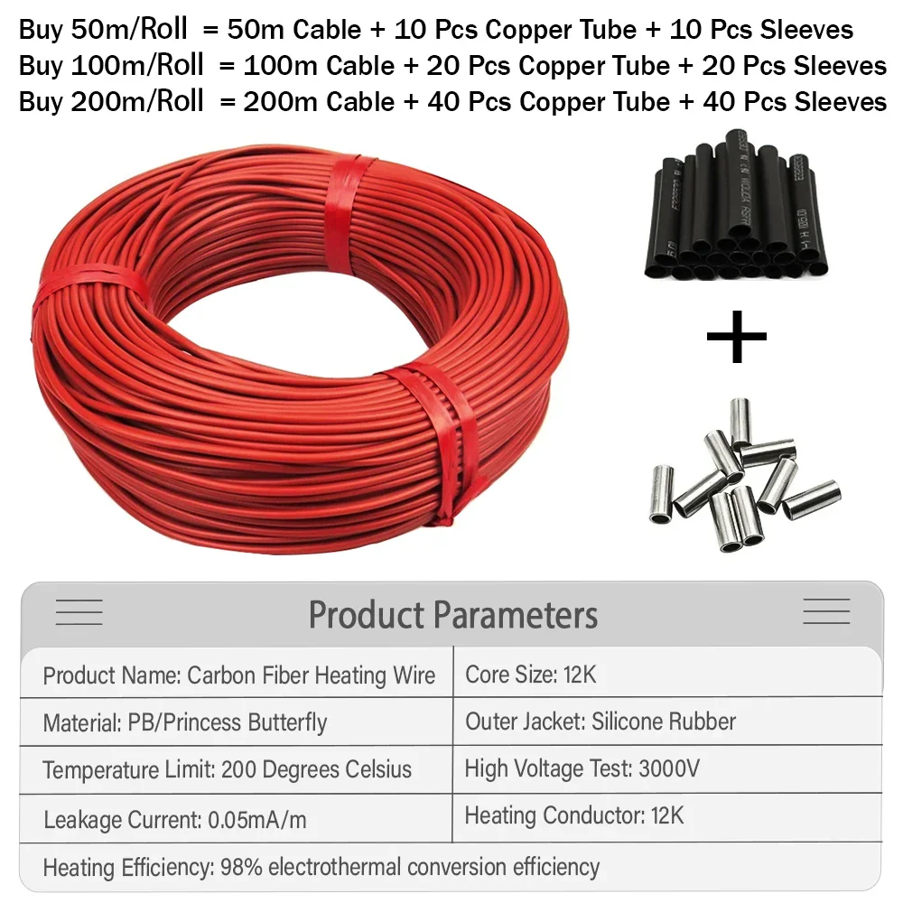 EARU 50/100/200M Infrared Warm Floor Cable 12K 33ohm/m Electric Carbon Heating Wire Coil 3.0mm Fiber Wire Floor Hotline Thicken