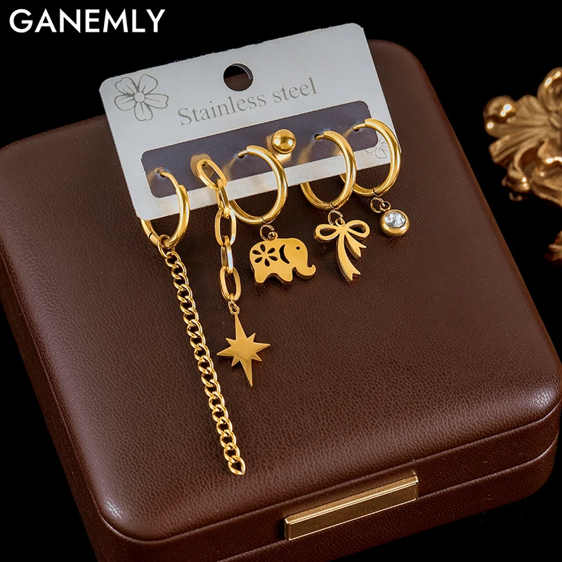 

GANEMLY 2025 New Fashion Stainless Steel Metal Elephant Star Earrings Set For Women Elegant Gold Color Earrings Jewelry Gifts