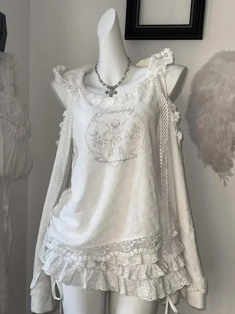 

Harajuku Sweet Lace Embroidery Ruffles Hoodie Tops Women+ High Waist Ruched Cake Skirts 2025 Early Autumn New Two Piece Sets