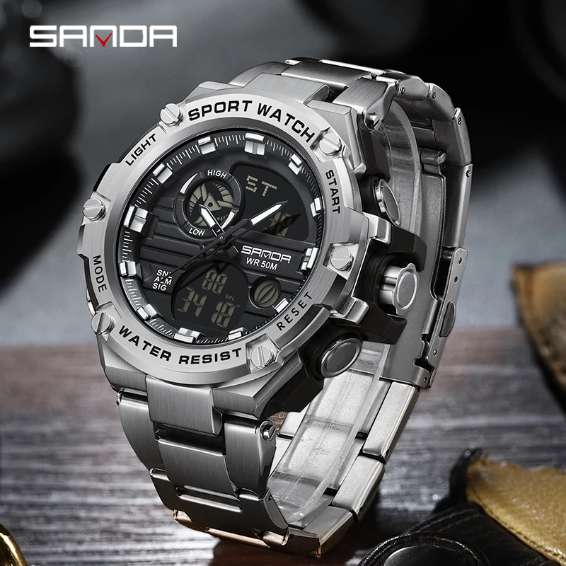 Sanda New Men\'s Fashion Alarm Top Brand Men\'s Electron Watch Luxury Military sports Double Display Wrist Watch 50M Waterproof