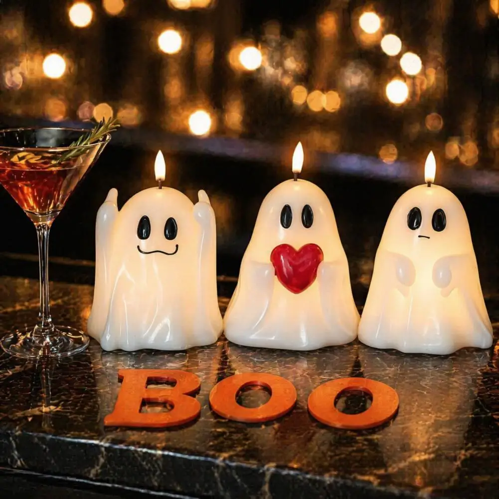 Funny Ghost Figurine Lights Halloween Ghost Decoration Halloween Ghost Flameless Candles Cute Holding Boo Letter for Party