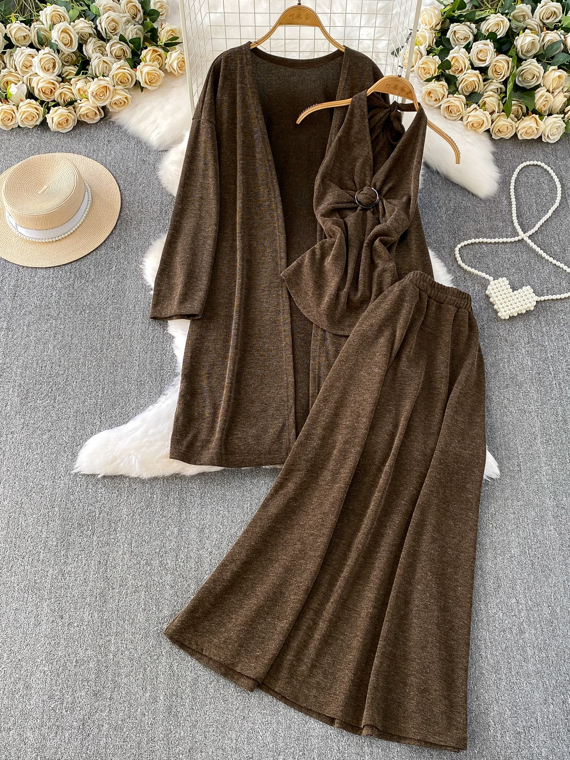 

Laid-back Style Casual Mid-Length Knitted Open Cardigan Jacket Sister Style Slimming Combination Halter Skirt Three-Piece Set