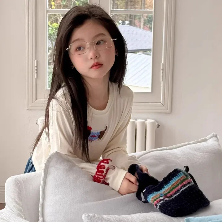 

Children's Clothing 2025 Spring Style Girl Cartoon Dog Long Sleeved Base Shirt Sweet and Slim Fit T-shirt Top