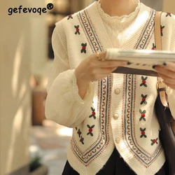 Women Vintage Embroidery Asymmetrical Sleeveless Single Breasted Sweater Vest Autumn Winter Trendy Casual Chic V Neck Waistcoat