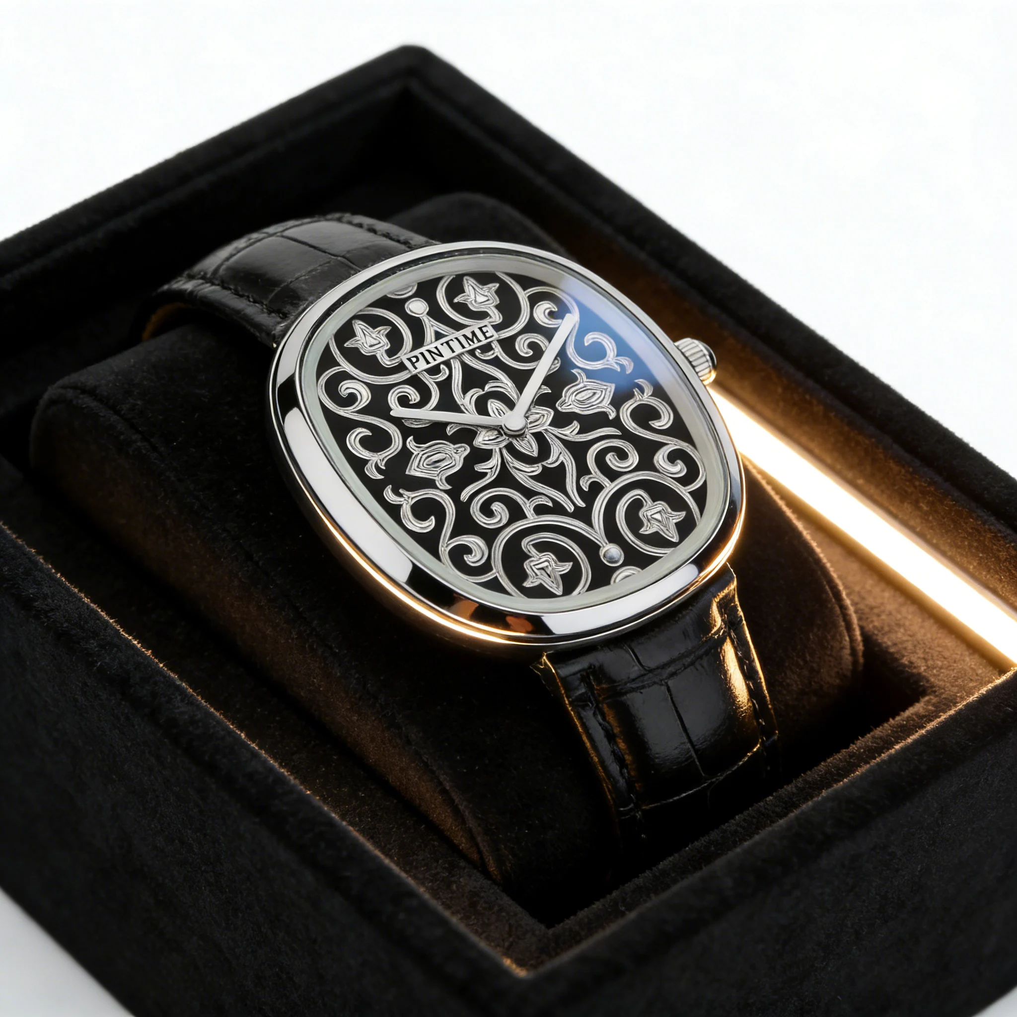 Men's Quartz Wristwatch Black Watch Oval Black Enamel Engraved Arabic Pattern Textured Leather Strap Elegant Gentleman's Watch