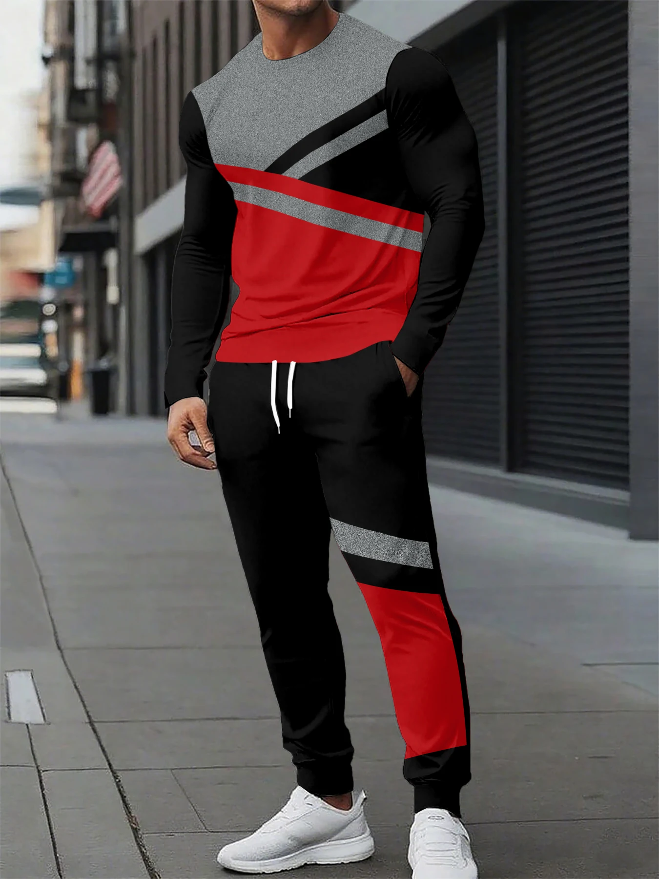 

Fashionable men's summer striped pentagram print breathable round neck long sleeved pants set outdoor casual clothing