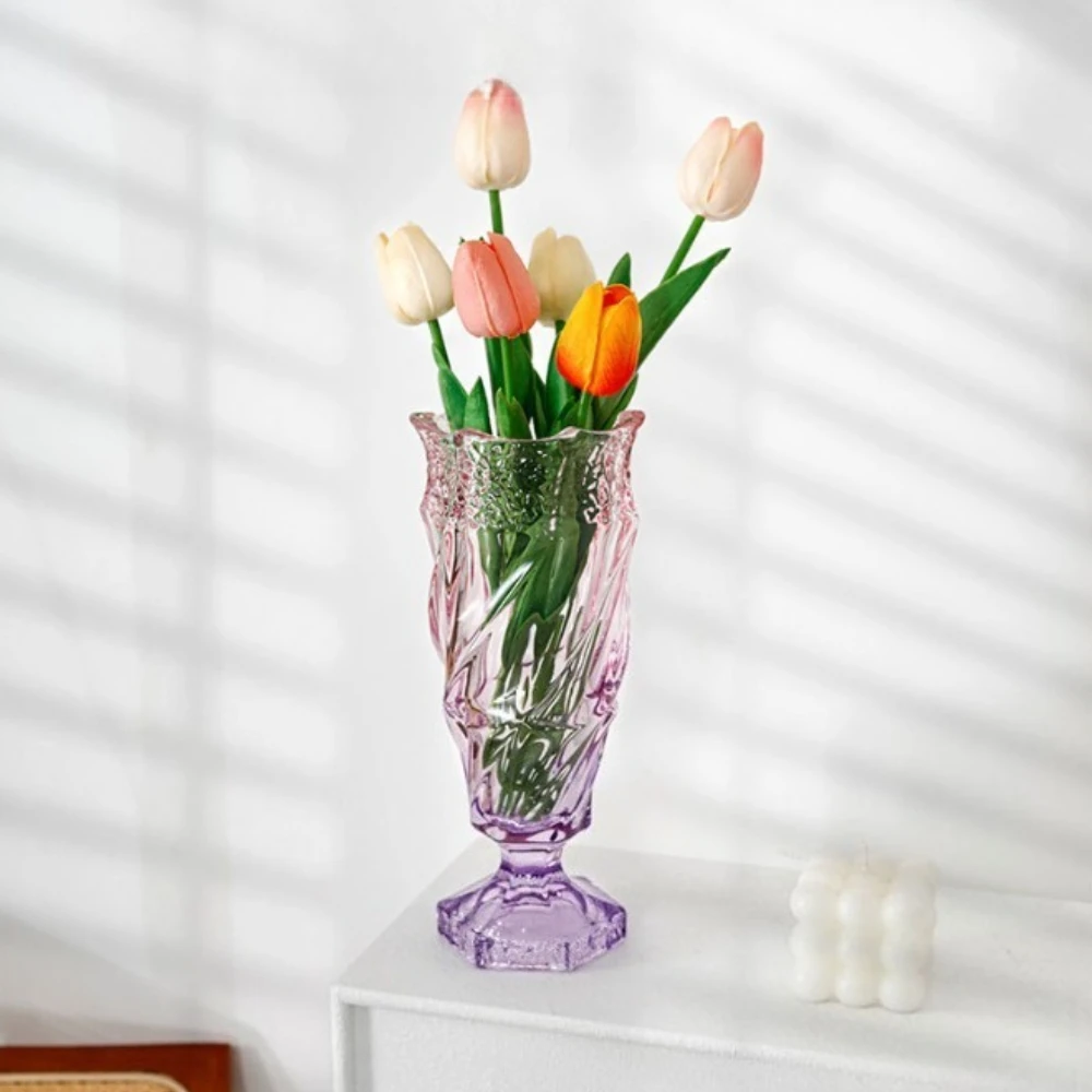 Gradient Embossed Glass Vase Footed Vintage Flower Holder Elegant Style Ornament Living Room Dining Table Home Decoration