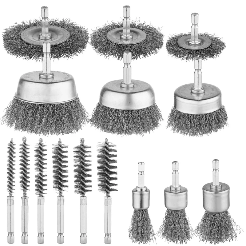 2025 Trend 15Pcs Carbon Steel Wire Wheel Brush,Cup Brush,Wheel Brush,Pen Brush, Bore Brush Set With 1/4-Inch Shank For Rust Remo