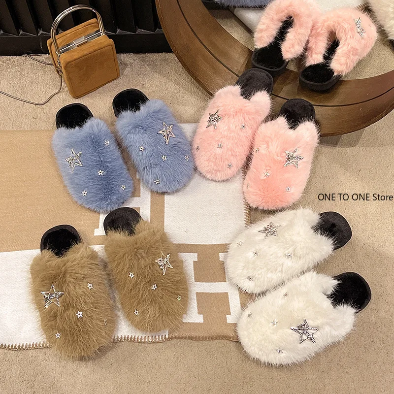 Women Winter Home Fur Slippers Cartoon Cat Non-Slip Soft Warm House Indoor Bedroom Men Couples Boys Girl Memory Foam Floor Shoes