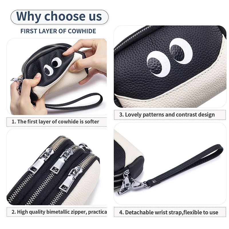 Portafoglio da donna con cerniera multistrato Borsa da polso rimovibile con pochette piccola in vera pelle per portamonete grande da cartone animato di lusso da donna