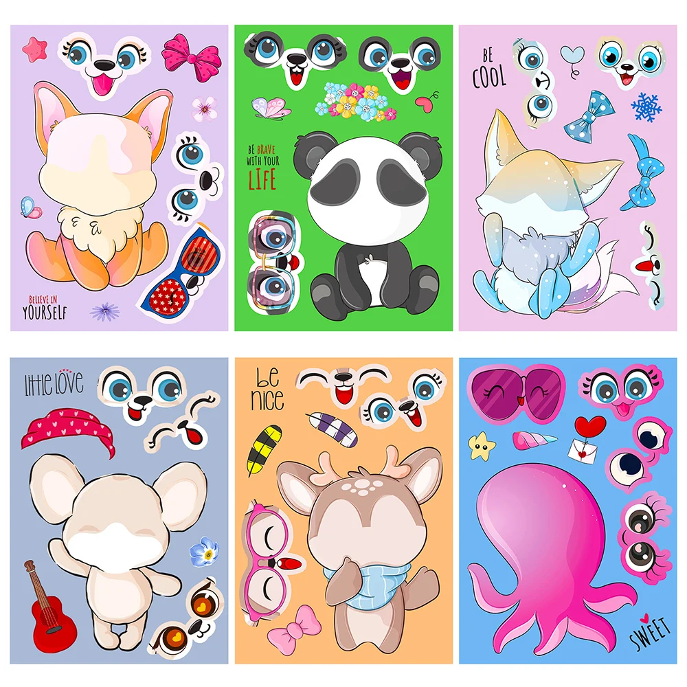 6/12Sheets Cute Children DIY Animals Puzzle Stickers Game Funny DIY Make a Face Assemble Jigsaw Craft Sticker Kid Education Toy