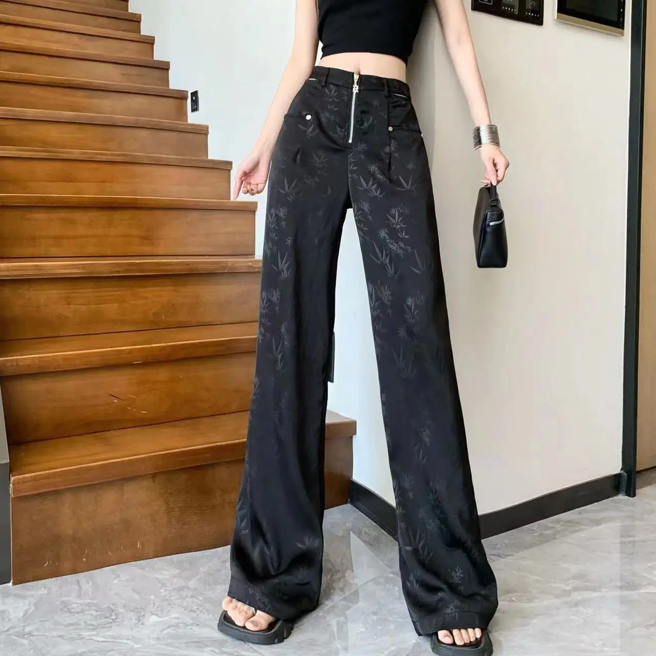 

New Chinese style satin jacquard wide leg pants for women's 2024 spring fashionable hollow out high waisted drape casual pants