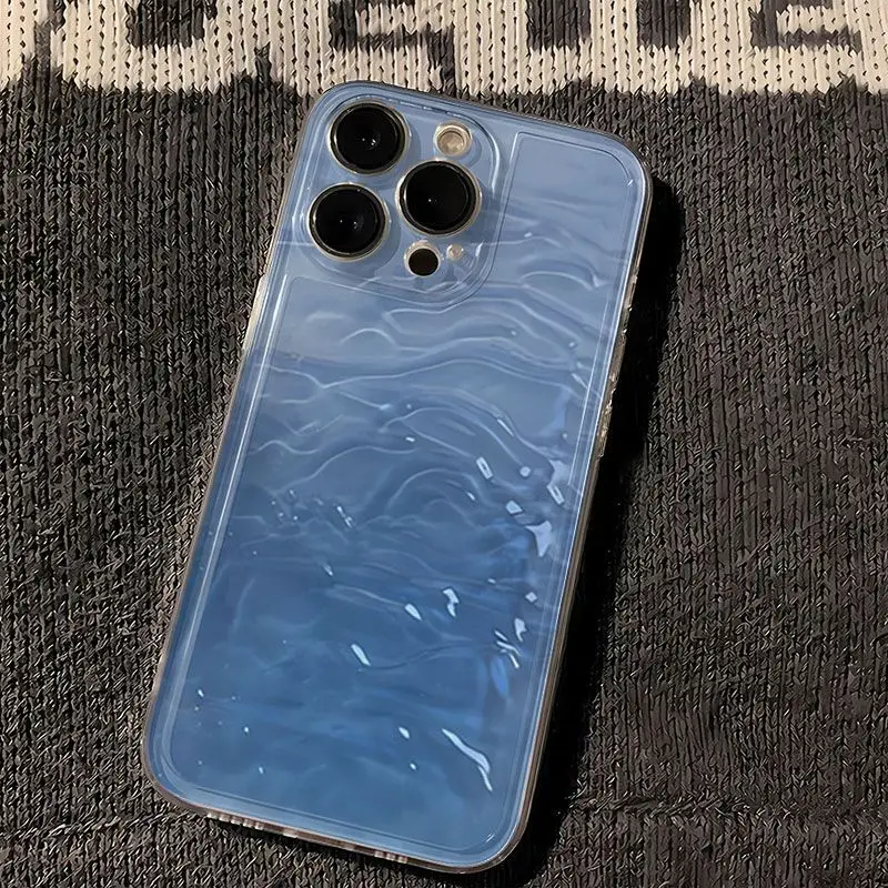 透明な漫画の青い水模様のiPhone 16 15 14 13 12 11 PROMAX XS XR 7 8 Plus用耐衝撃スマホケースカバー