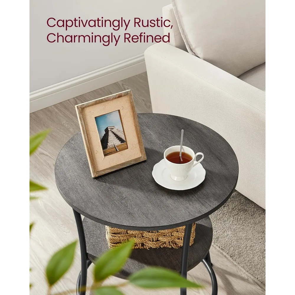 طاولة جانبية مستديرة من طبقتين مع إطار فولاذي للمساحات الصغيرة وغرفة المعيشة وغرفة النوم باللون الرمادي الضبابي والأسود الحبر