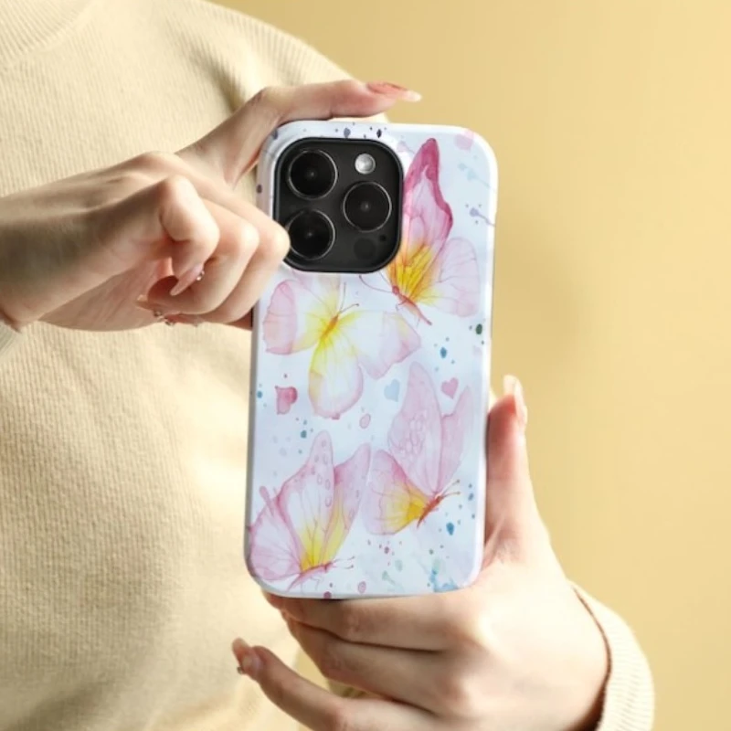 حافظة هاتف مغناطيسية لهاتف آيفون 17 16 15 14 13 12 11 16e Air PRO Plus غطاء مقاوم للصدمات على شكل فراشة وردية من الأكريليك الصلب #3