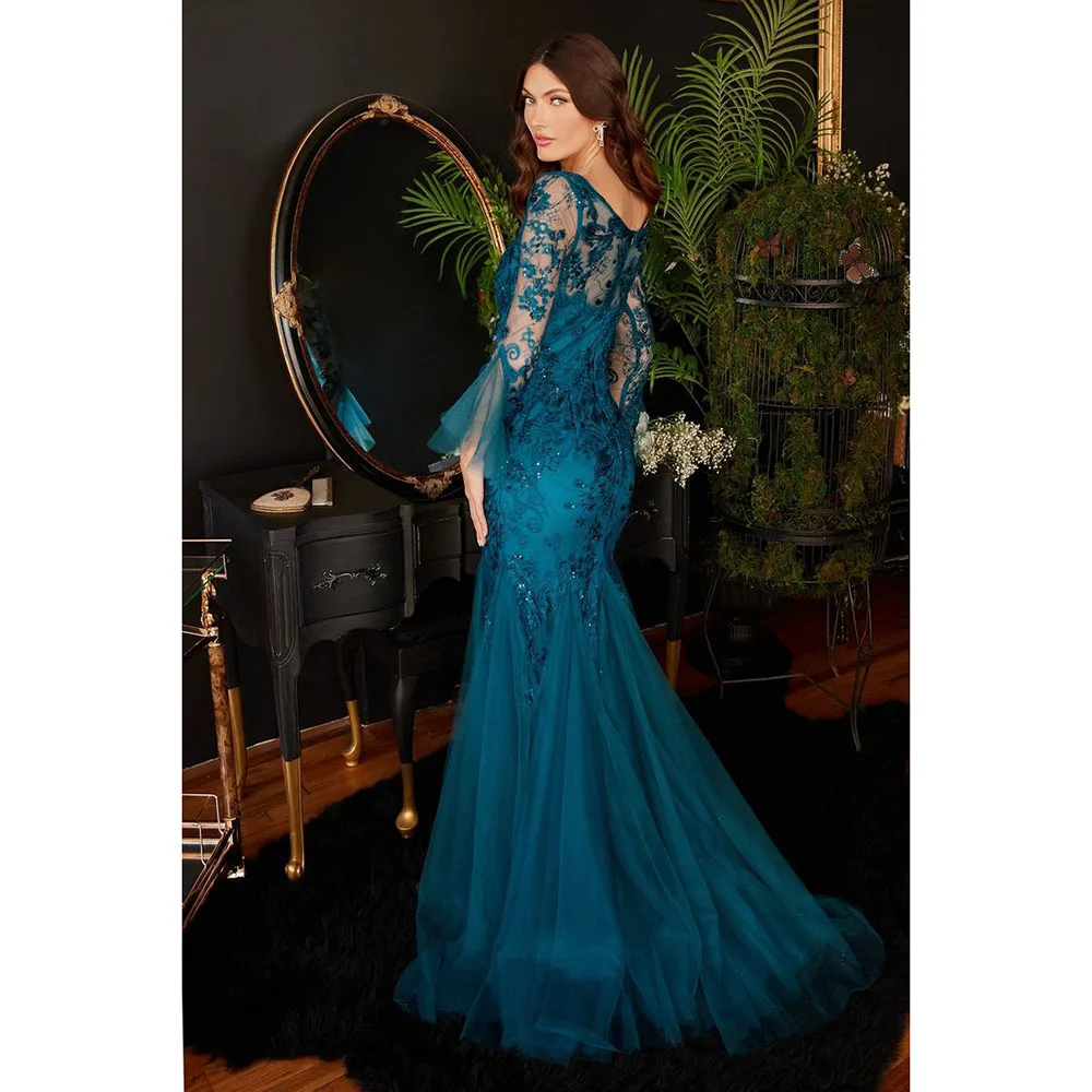 High Quality Blue Evening Party Dresses V-Neck Floor Length Full Sleeves Illusion Trumpet Flowers Smart Women Prom Banquet Gowns