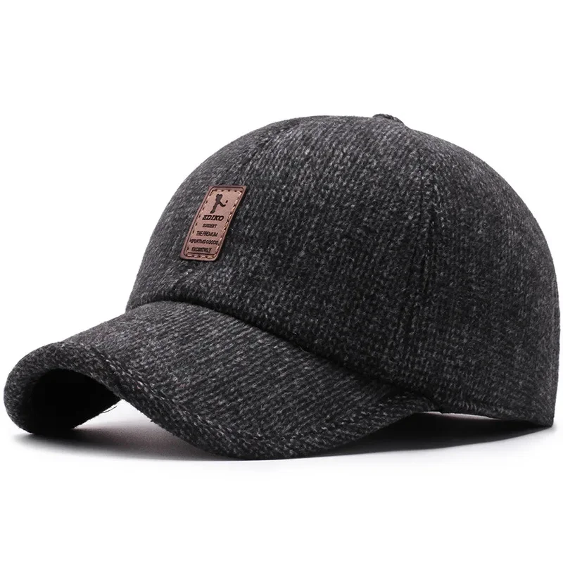 Men Winter Baseball Cap for Dad Outdoor Cycling Ear Protection Warmth Peaked Hat Sunhat Woolen Knitted Bomber Hats with Ear Flap