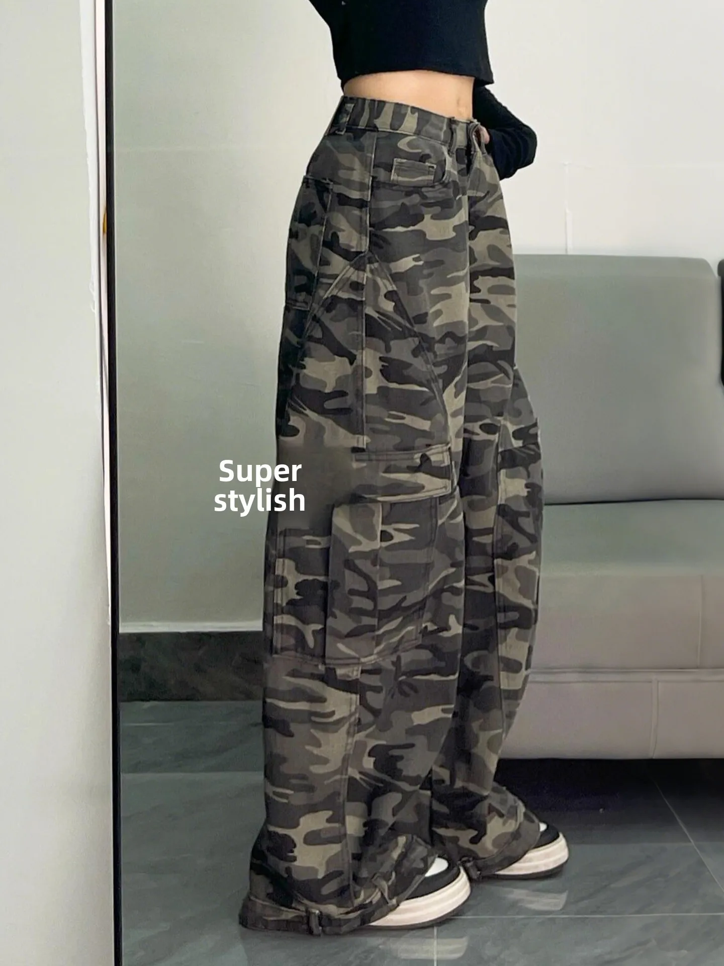 

plus Size Women's American Retro Camouflage Workwear Jeans Loose Slim Straight Leg Floor-Length Pants Casual High Waist Denim