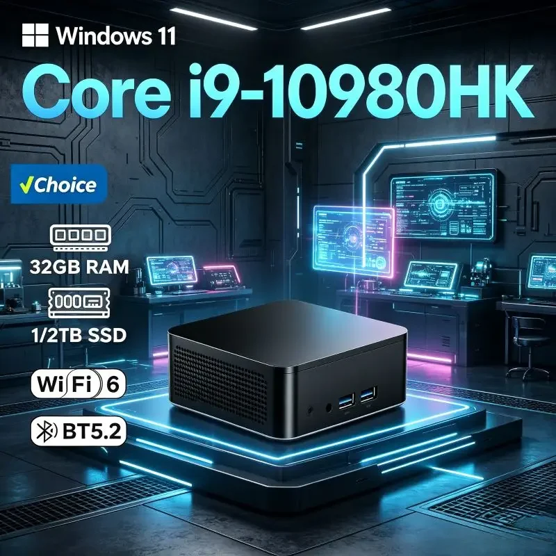 

Energy Efficient Mini PC Core I9 10980HK Win11 16GB RAM Large SSD WiFi6 BT5.2 Bright 4K 60Hz Output Slim Compact Tiny PC Host