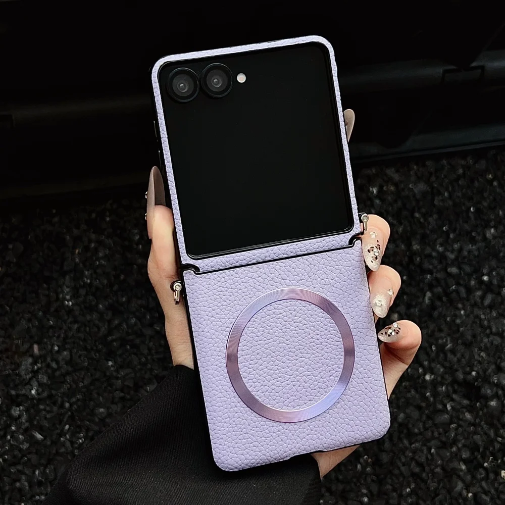 Fashion Simple Lychee Pattern Leather for Magsafe Case For Samsung Galaxy Z Flip 8 7 FE 6 5 4 5G Strap Hook Anti-drop Slim Cover