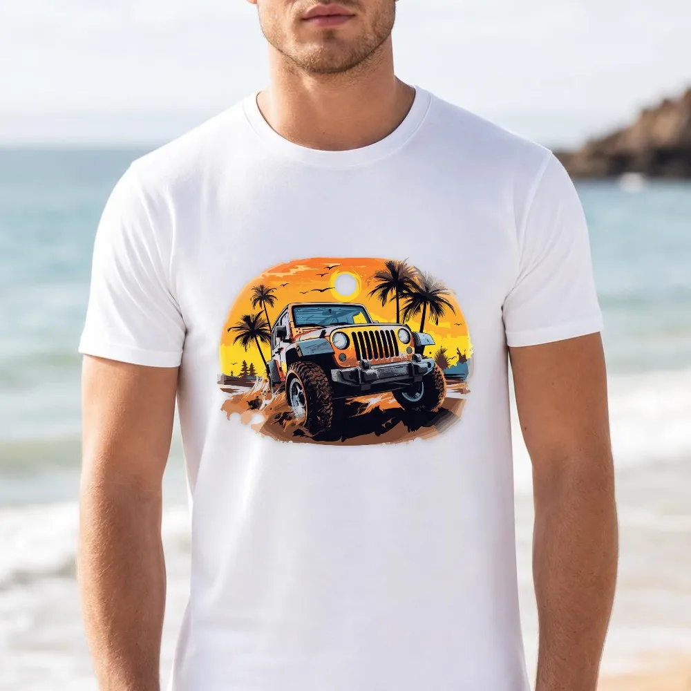 Graphic Tee Men Offroad SUV Sunset Beach 4X4 Adventure Summer Vacation Short Sleeve Breathable Holiday Tops
