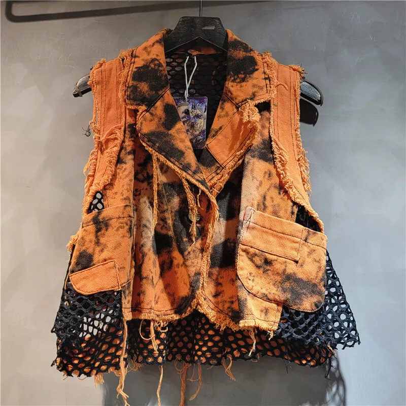 HKSH Personalized Trendy Brand Unique Washed Distressed Denim Vest Women\'s Tide Punk Waistcoat Autumn New Mesh Patchwork HK3121
