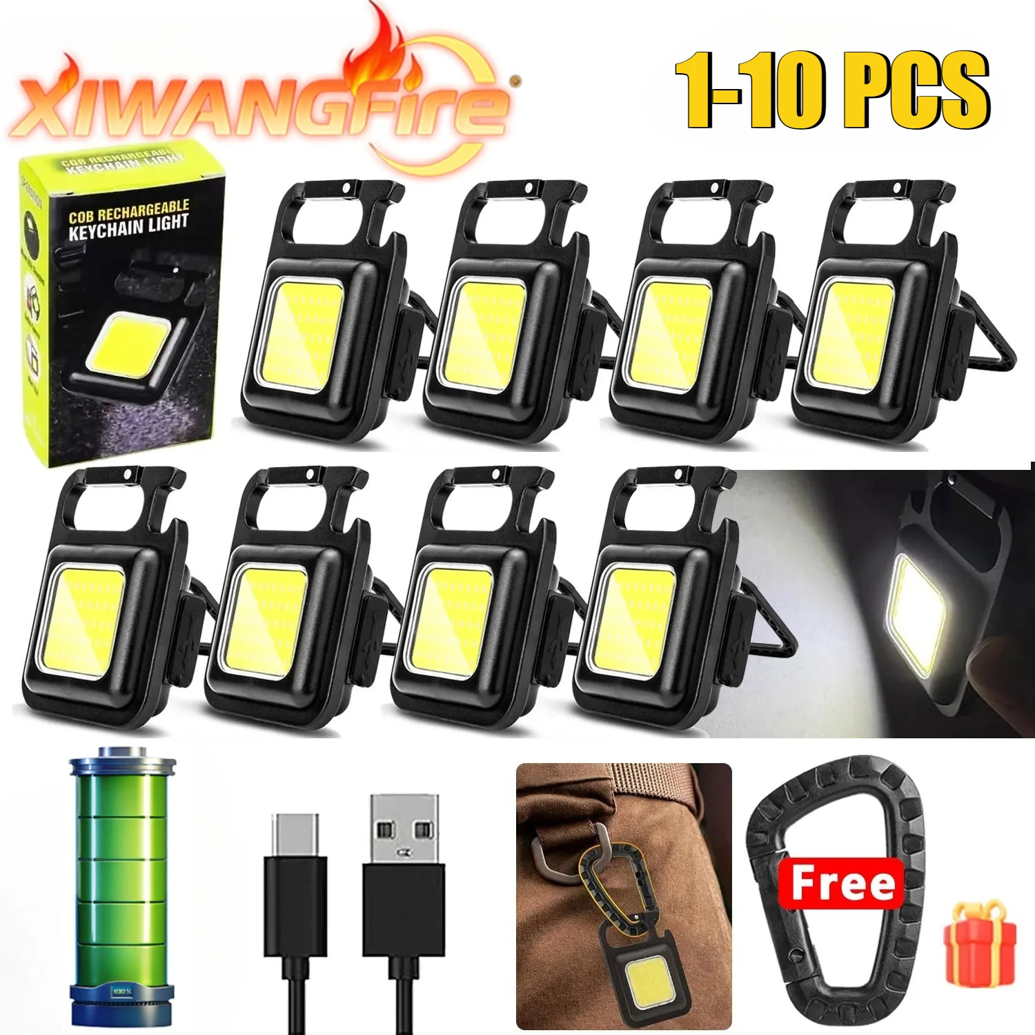 

Портативный брелок-светильник, мини-многофункциональный фонарик для кемпинга, USB перезаряжаемый рабочий светодиодный яркий COB карманный фонарь с зажимом, 1-10 шт.