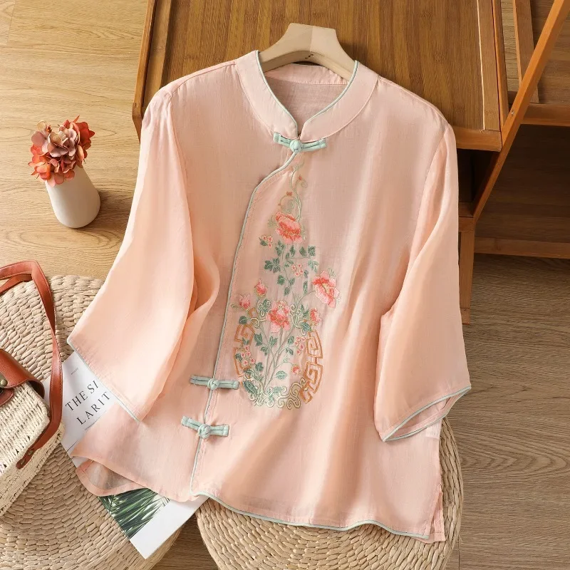 Camicetta da donna in stile cinese ricamata Camicie vintage Moda Abbigliamento estivo allentato Top da donna in lino di cotone a maniche corte