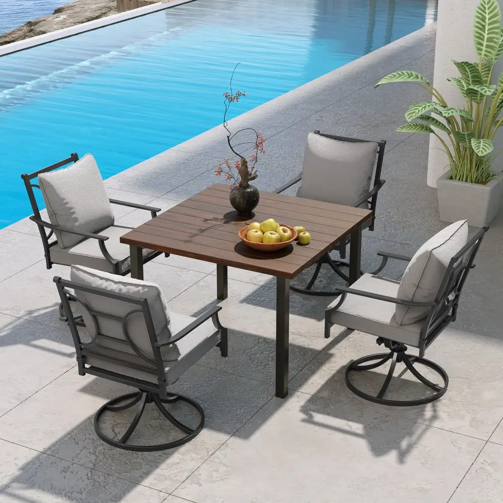 

5Piece Patio Dining Set for 4, ECoated Outdoor Dining Set Swivel Patio Dining Chairs with Olefin Cushions amp 1 Brown Square Fa