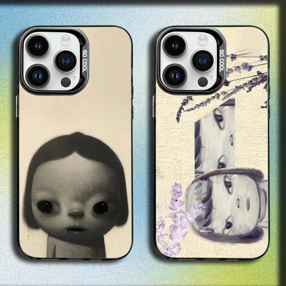 

Japan Art Y-Yoshitomo Nara Phone Case For iPhone 16,15,14,13,12,11,Mini,Pro,SE,MAX Gray Matte Silicone Black Cover