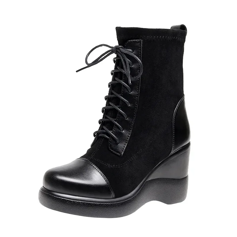 8cm Small Size 32-43 Flexible Frosted Leather Platform Wedges Shoes Ankle Boots 2024 High Heels Stretch Boots Women Office Mom