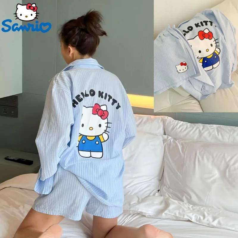 2024 Sanrio New Printed Long-sleeved Pajamas Women Hellokitty Summer Casual Shorts Set Of Homewear Woman\'s Clothing Girl Gifts