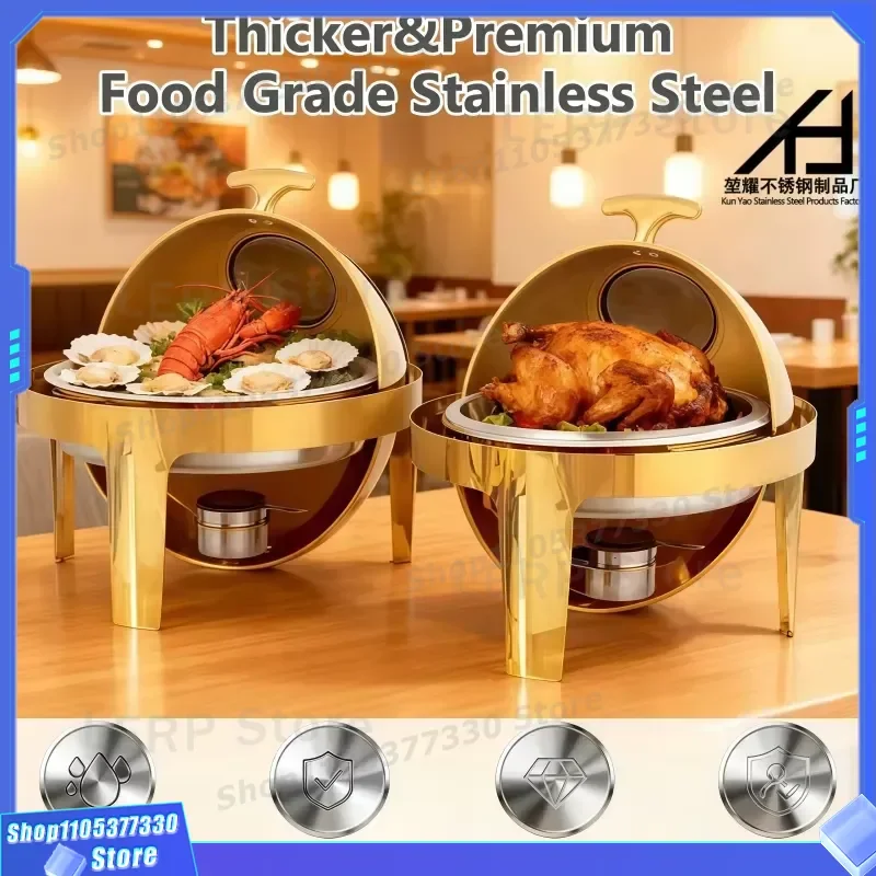 Gold Round Roll Top Chafing Dish Stainless Steel Buffet Warmer Set Hotel Restaurant Equipment Insulation Plate Catering