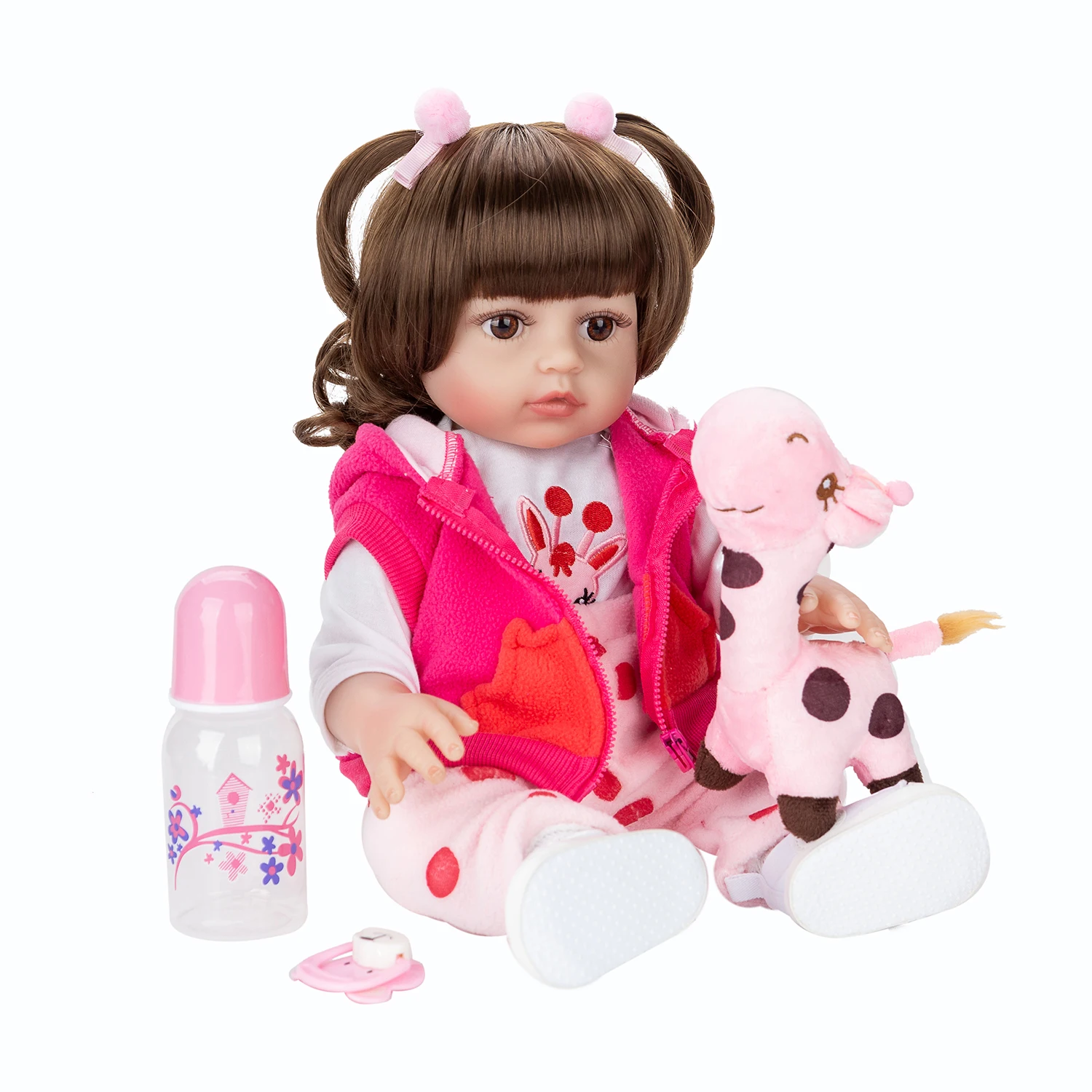 Boneca Bebê Reborn Girafa Menina 48cm Corpo de Silicona Com Brinquedo de Pelúcia Girafinha