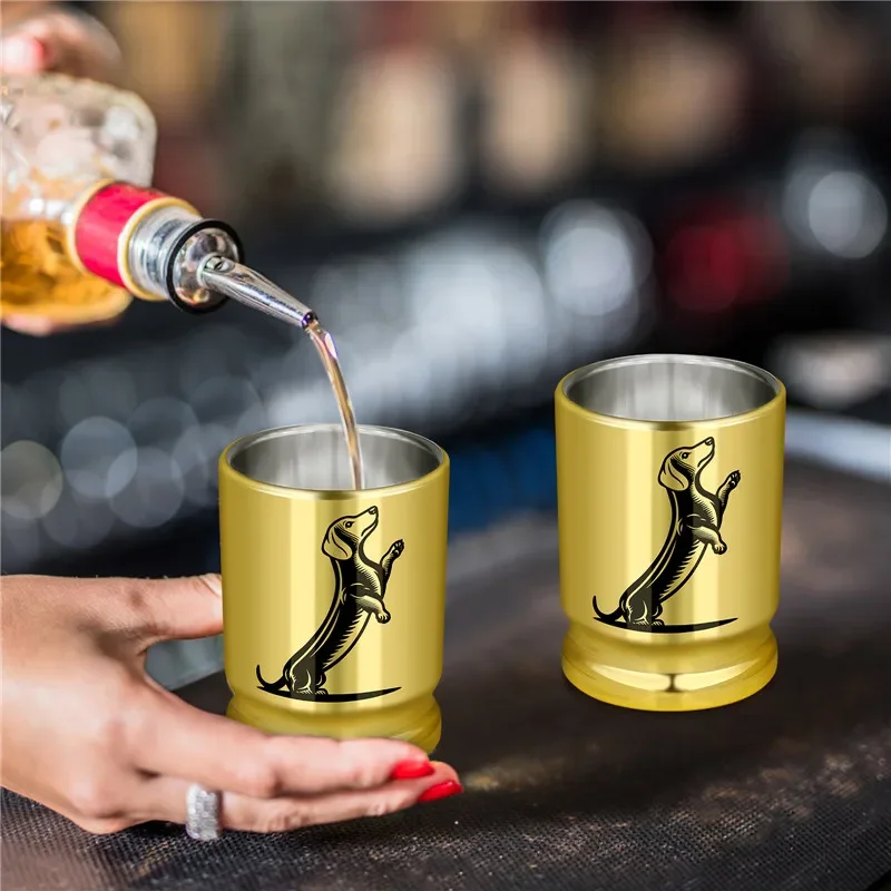 2pcs/set 3.2oz Dachshund Design 50 Caliber Bullet Shot Cups Golden Plastic Shot Glasses for Wedding Celebration Party Drinkware