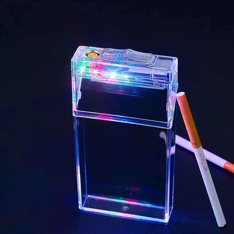 Transparent Colorful Light Cigarette Case Lighter USB Cigarette Lighter 20 Pack Slim Cigarette Case Sealed and Moisture-proof